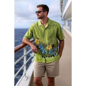 Season Design Green Floral Print Button Up Shirt Mens L Short Sleeve Hawaiian‎